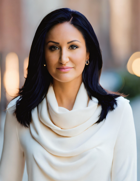 an image of Graciela Pacheco wearing a white sweater, earrings, and black hair is at shoulder length