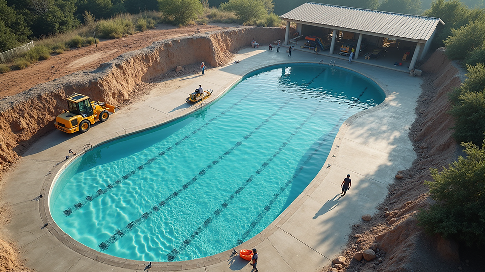 High angle view of a construction site for a new aquatic facility with workers and machinery