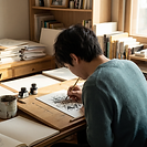 An illustrator inking a detailed character drawing by hand at a drawing board, with brushes, ink pots and a sketchbook in a sunlit studio.