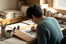 An illustrator inking a detailed character drawing by hand at a drawing board, with brushes, ink pots and a sketchbook in a sunlit studio.