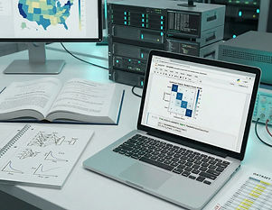 A laptop displaying a Jupyter notebook with a confusion matrix and Random Forest classifier code in Python alongside a statistics textbook open to Bayesian inference, a notebook with neural network diagrams and loss function graphs, a monitor showing a colour-coded choropleth map and a printed dataset with outlier annotations, with server racks and teal lighting in the background, illustrating the analytical and programming skills developed in Data Science degrees