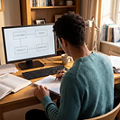 A student at a desk designing an information system, with an entity-relationship diagram on the monitor and a data flow diagram being sketched in a notepad.