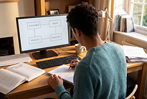 A student at a desk designing an information system, with an entity-relationship diagram on the monitor and a data flow diagram being sketched in a notepad.