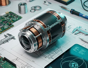 A satellite component model on a workbench surrounded by spacecraft blueprints, circuit boards and precision tools, illustrating the hands-on technical design work in aerospace engineering