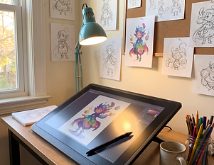 A digital illustration workstation with a pen-display tablet showing a colourful character in progress, a stylus, and a wall of character sketches behind.