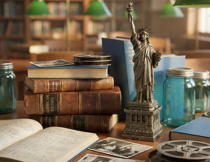 A replica Statue of Liberty alongside vintage photographs, film reels and academic books on American history and culture, illustrating the cultural and historical focus of American Studies