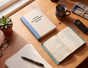 A top-down view of a desk set up for development field research, with a Human Development Report, an open field notebook of handwritten notes, and a voice recorder. A pen and blank paper sit alongside a mug of coffee.