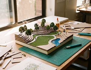 A physical scale model of a public park on a studio table, mid-construction, with layered contoured terrain, clusters of model trees, winding paths, a green lawn, a small blue water feature and tiny scale figures. Around it are a cutting mat, offcuts of card, a glue bottle and a teal-handled craft knife, with a coloured landscape plan partly visible nearby and daylight from a studio window.