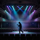 A performer's silhouette on a grand theatre stage with dramatic cyan and purple stage lighting, representing the aspirational goal of a career in acting