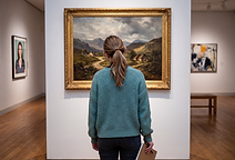 A history of art student standing in a gallery, studying a 19th-century European landscape painting in an ornate gilt frame, with other paintings visible on adjacent walls.