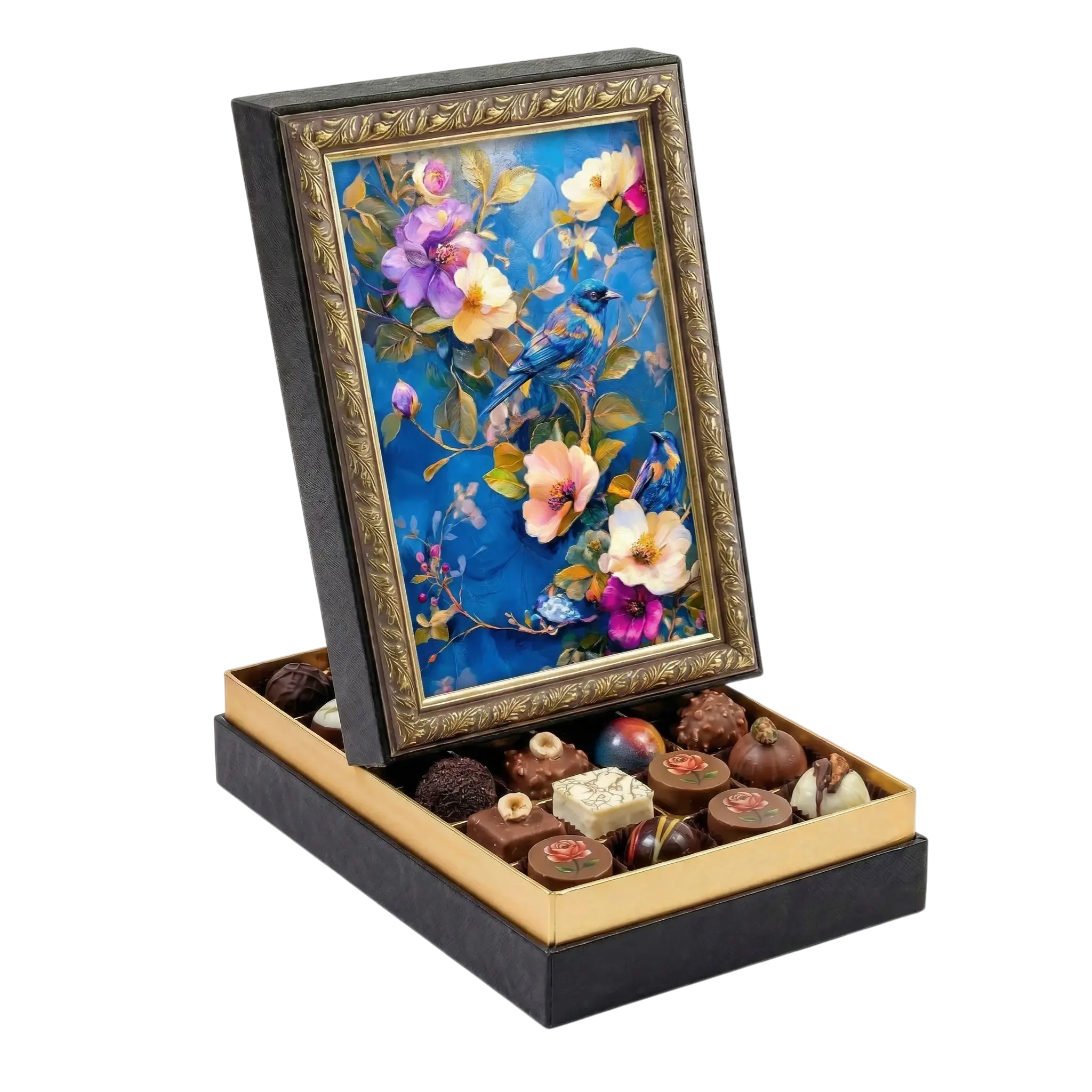 Çerçeveli Orta Dikdörtgen Kuş ve Çiçek Çikolata Kutusu