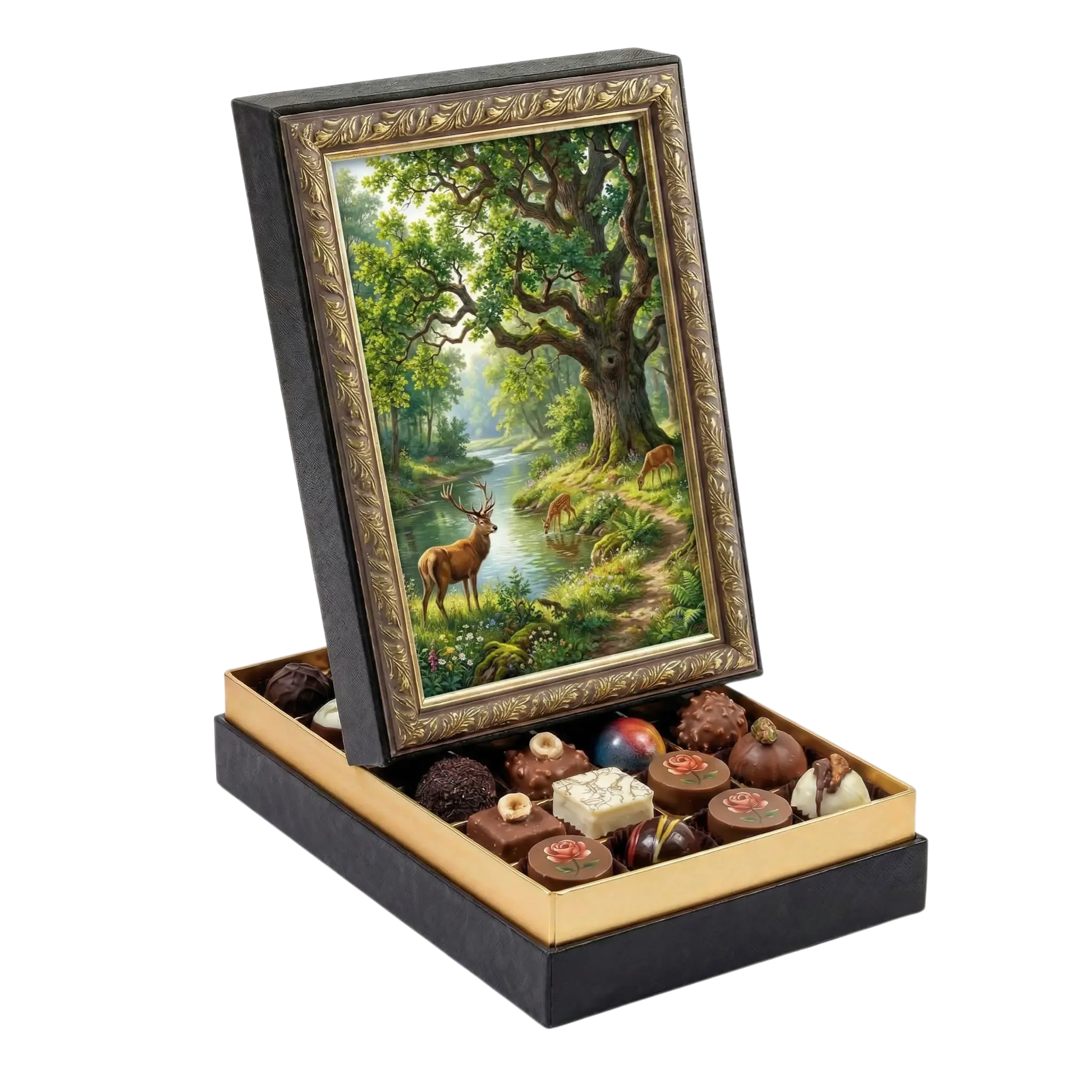 Çerçeveli Orta Dikdörtgen Orman ve Geyik Çikolata Kutusu