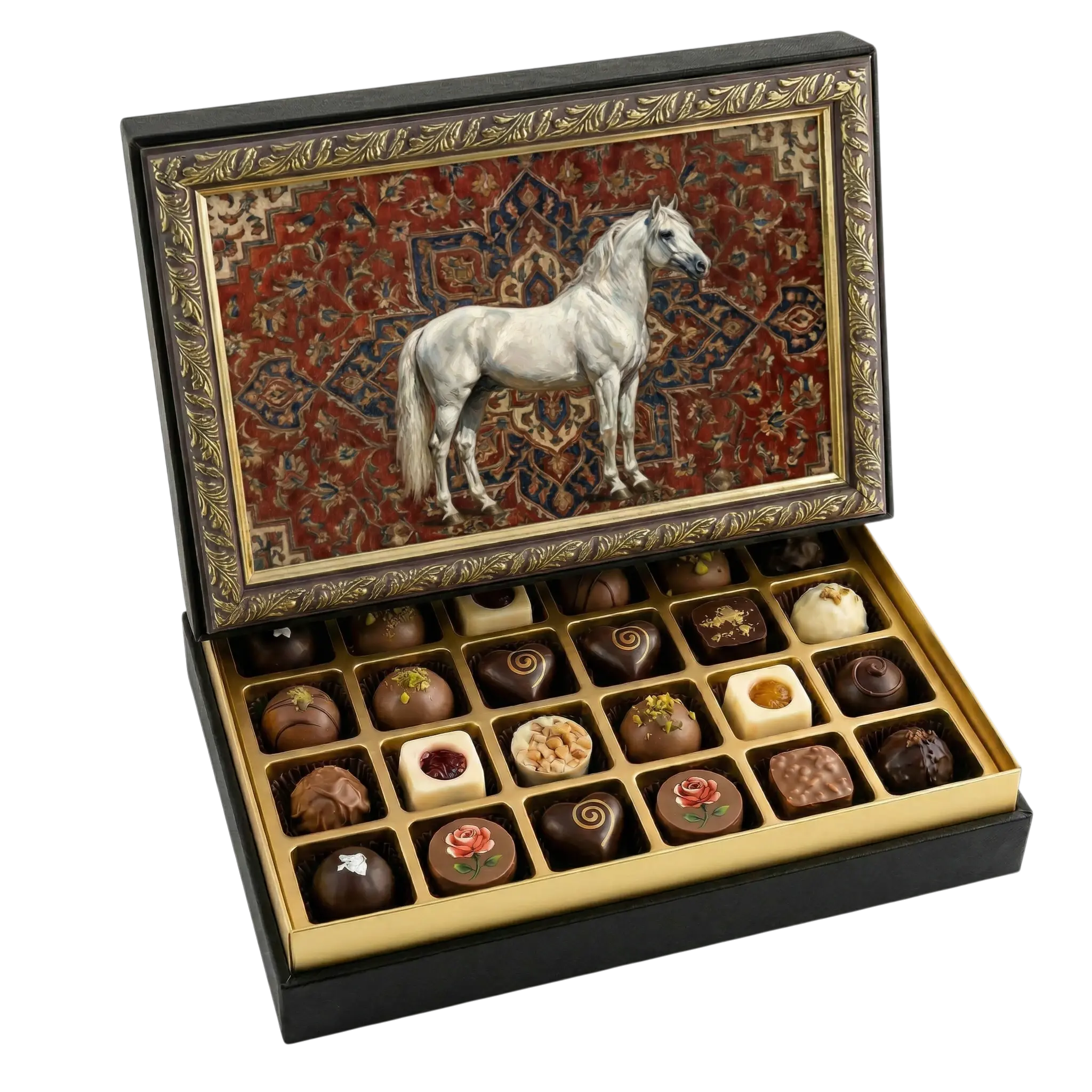 Çerçeveli Orta Dikdörtgen Beyaz At ve Halı Çikolata Kutusu