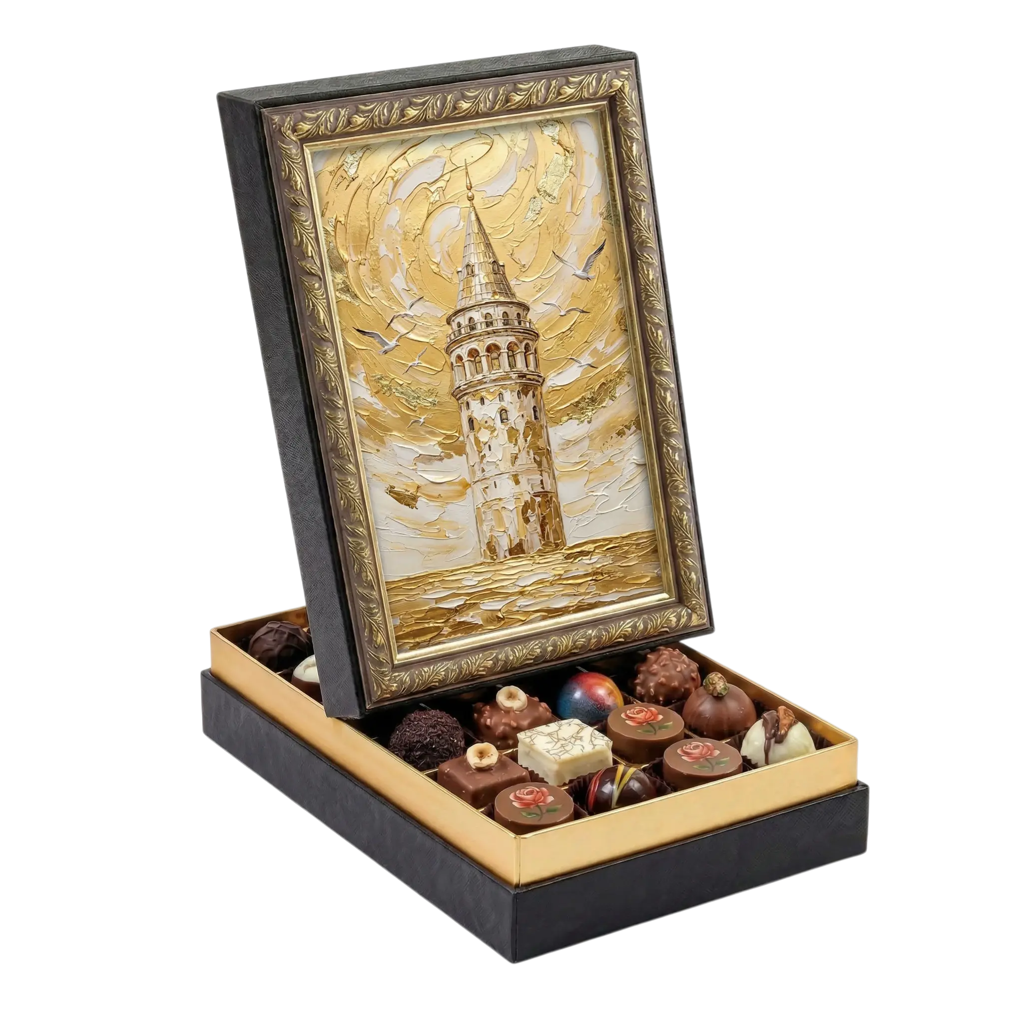 Çerçeveli Orta Dikdörtgen Altın Galata Kulesi Çikolata Kutusu