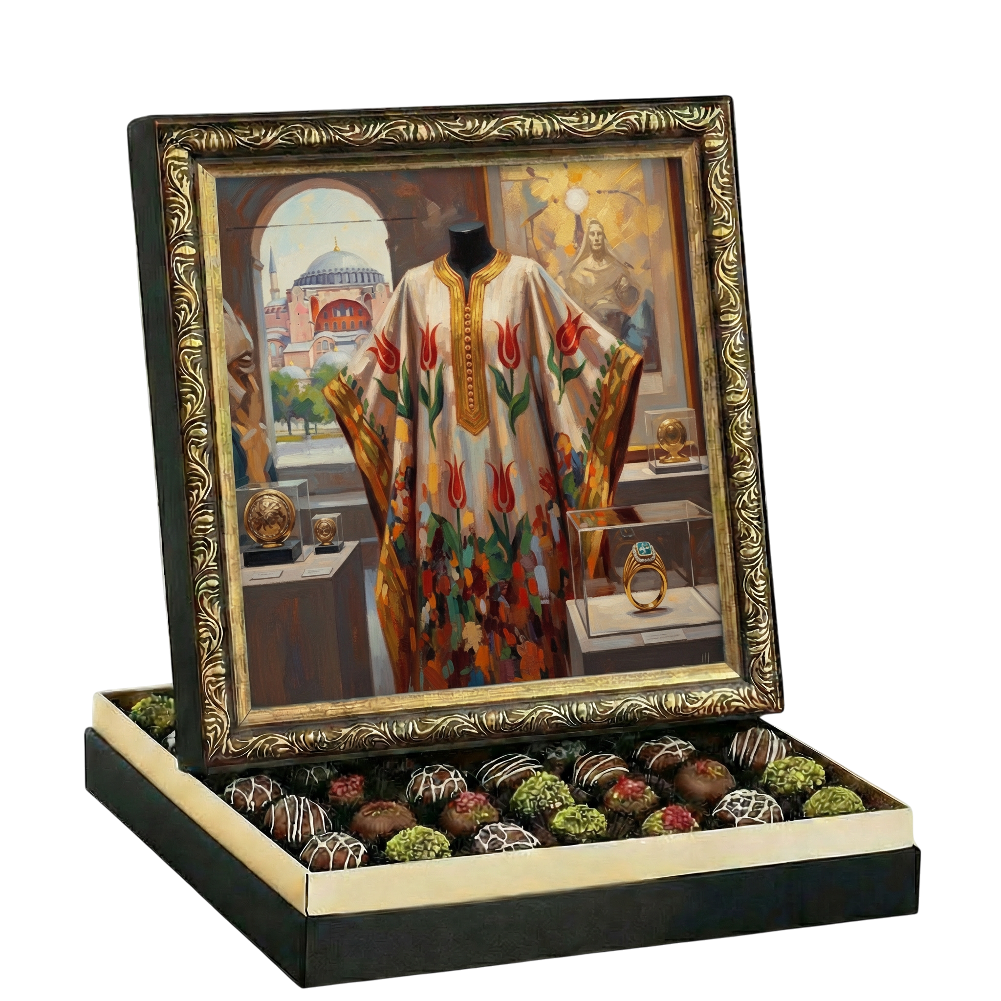 Çerçeveli Etnik Kaftan ve İstanbul Büyük Çikolata Kutusu