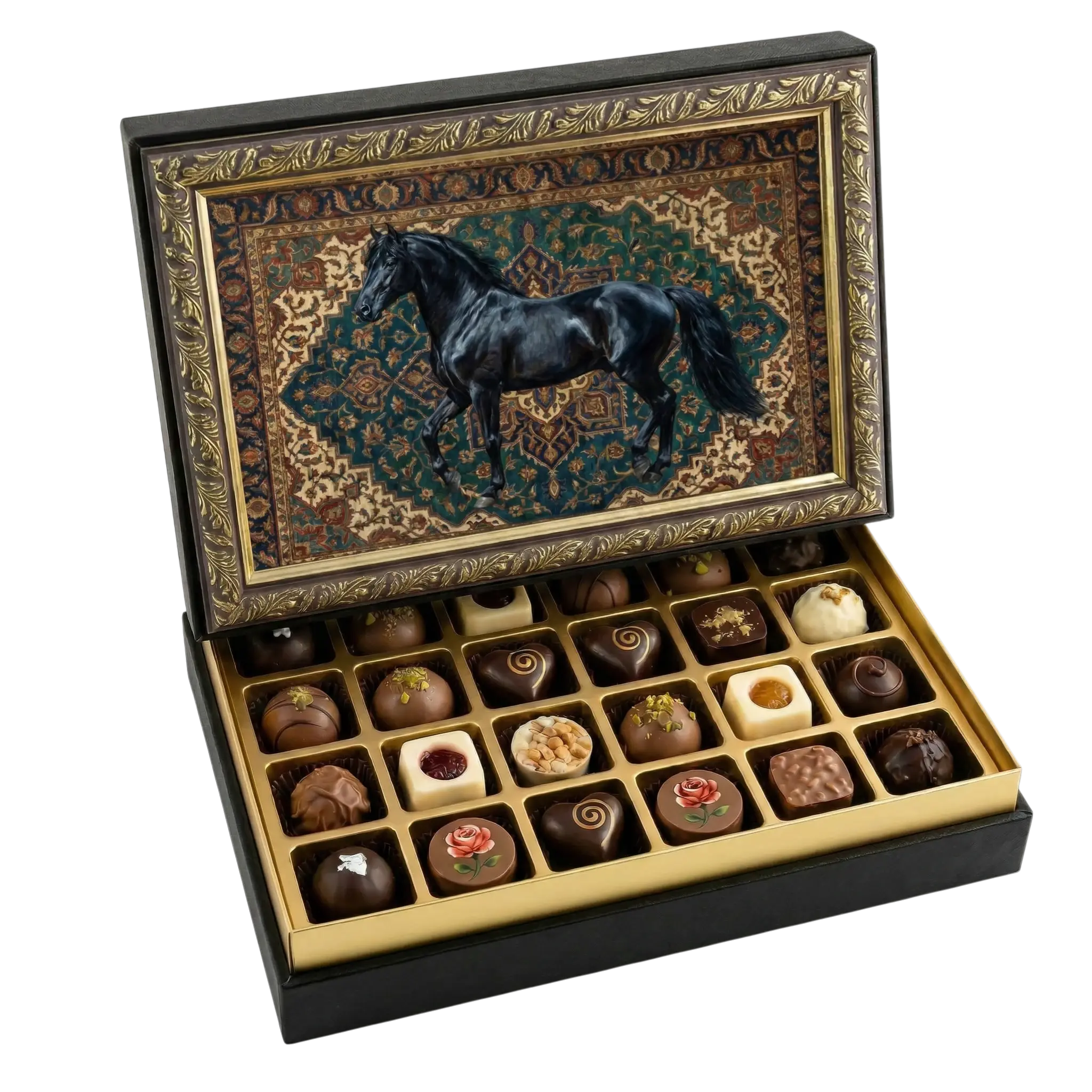 Çerçeveli Orta Dikdörtgen Siyah At ve Halı Çikolata Kutusu