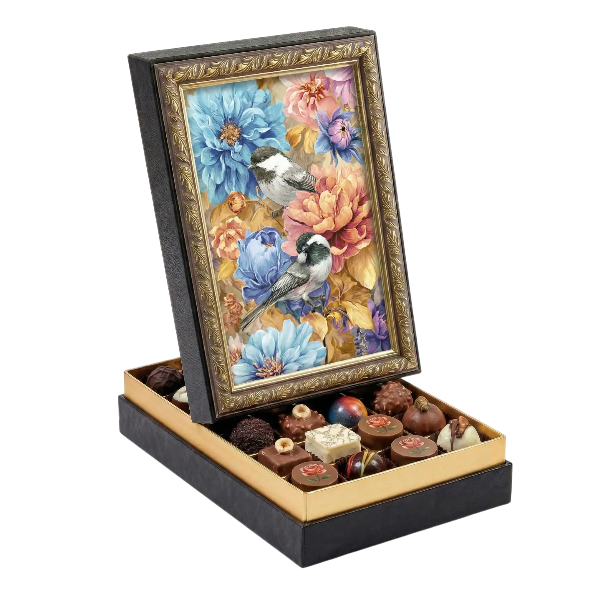Çerçeveli Orta Dikdörtgen Kuş ve Çiçek Çikolata Kutusu