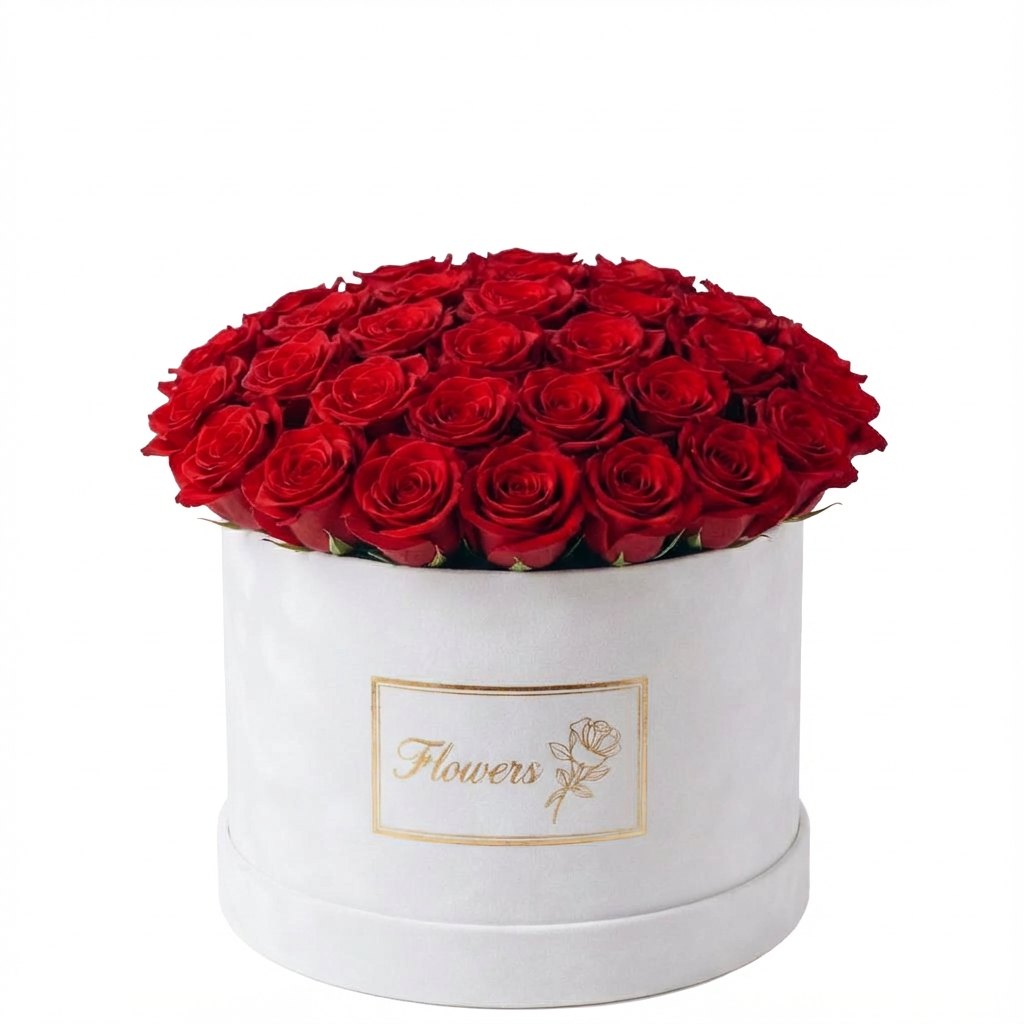 30 x 20 - Yuvarlak Beyaz Kadife Çiçek Kutusu