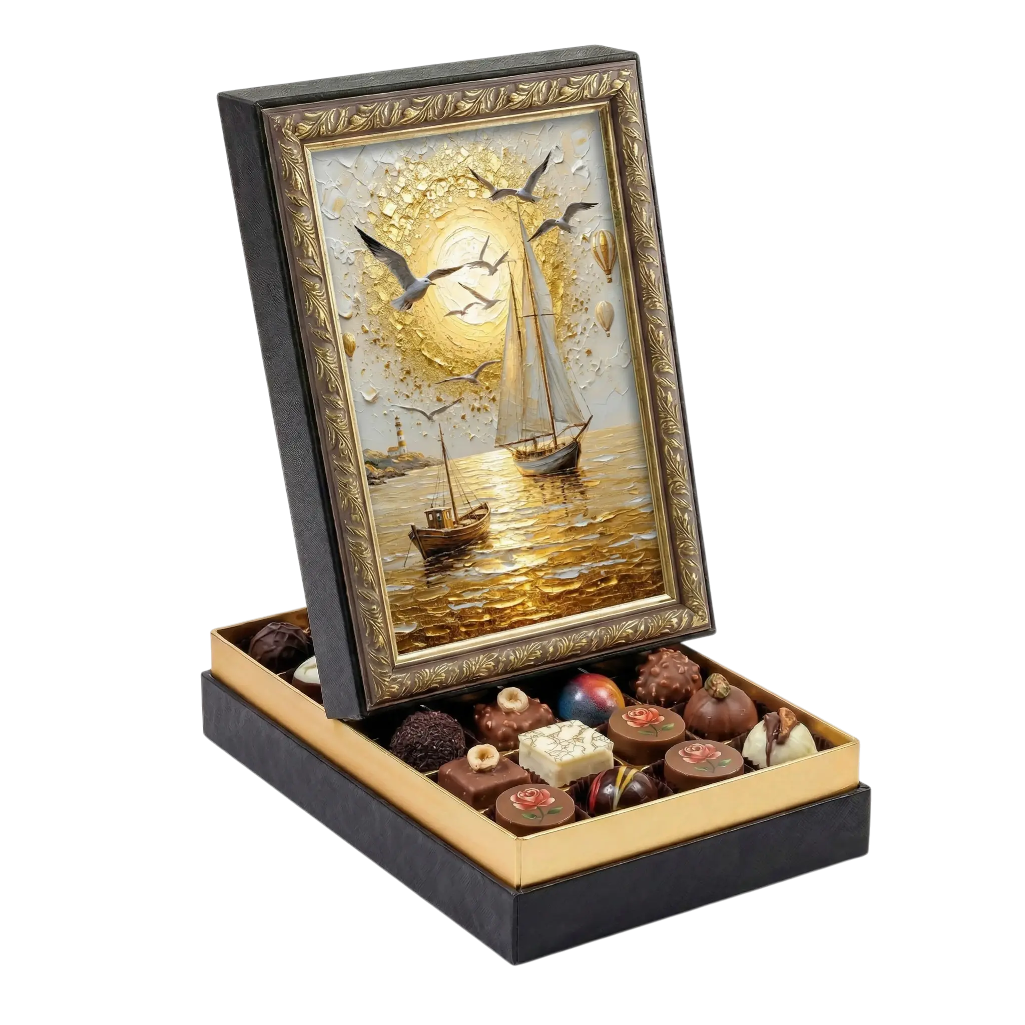 Çerçeveli Orta Dikdörtgen Altın Yelken Çikolata Kutusu