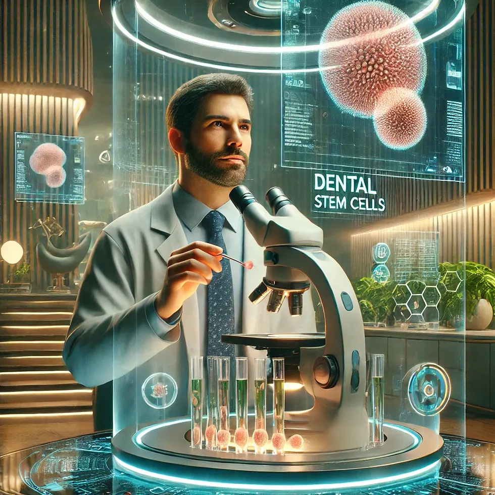 Dental Scientist pondering the potential outcomes of stem cell therapy in dentistry