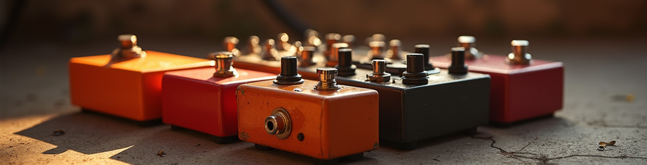 Colorful guitar effect pedals on concrete