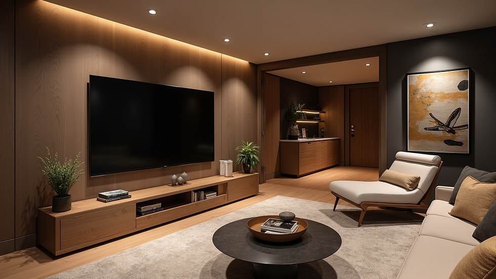 High angle view of modern basement with entertainment center
