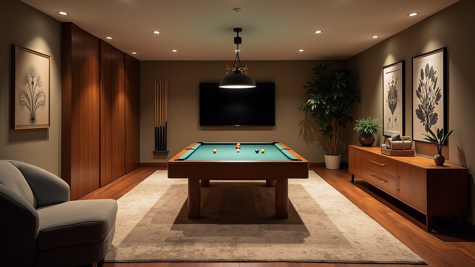 Eye-level view of a cozy, modern basement game room