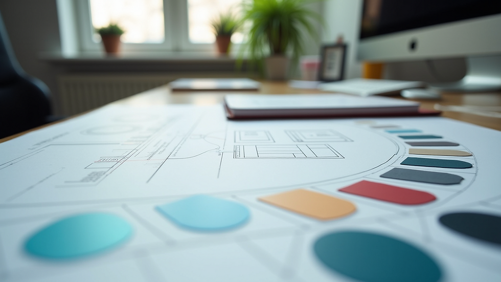 Close-up view of a designer’s desk with color swatches and wireframe sketches