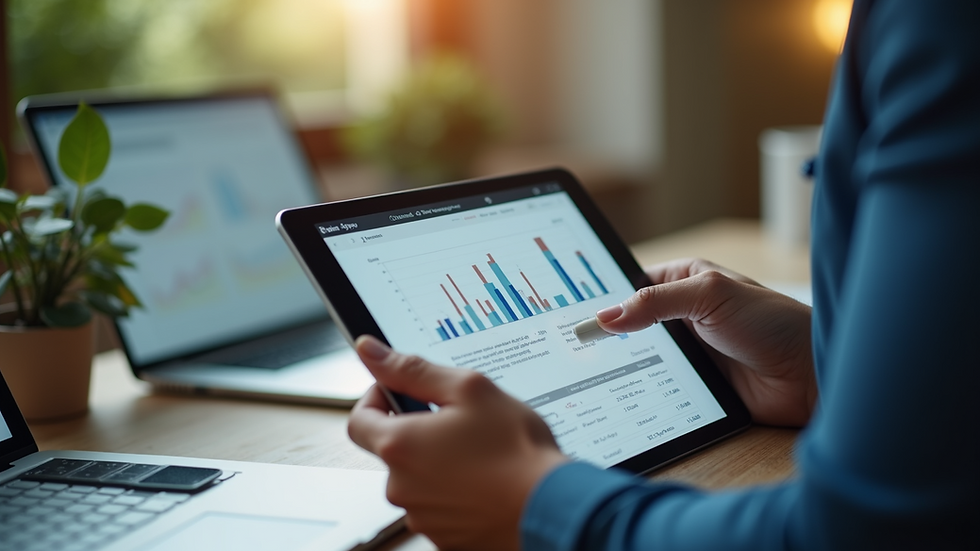 Close-up view of a marketer analyzing email campaign data on a tablet