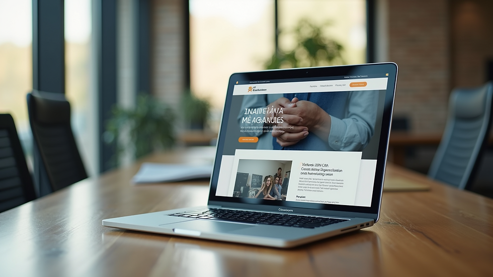 Eye-level view of a modern office workspace with a laptop displaying a website redesign