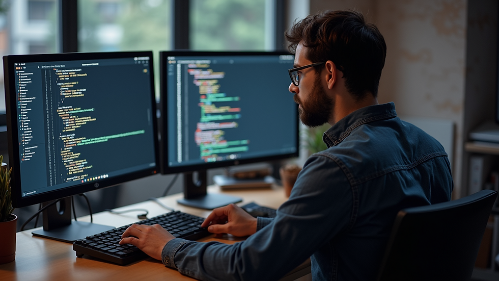 High angle view of a web developer working on code with dual monitors