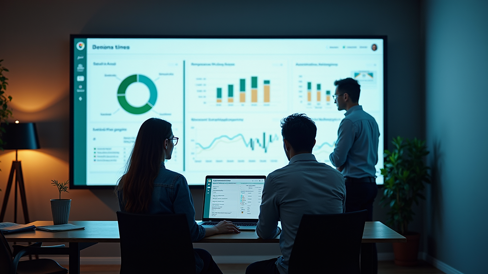 High angle view of a digital marketing team discussing email campaign results on a large screen