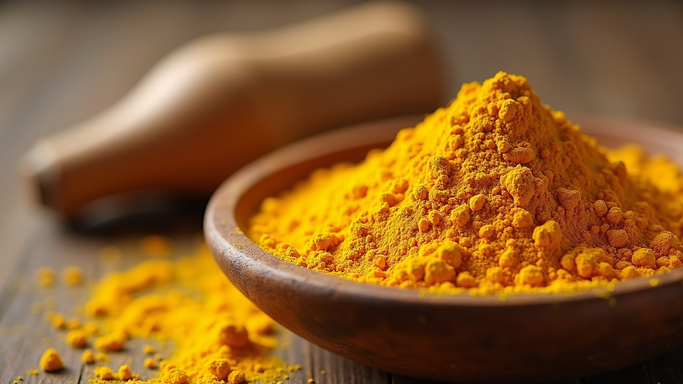 Close-up view of bright yellow turmeric powder in a wooden bowl