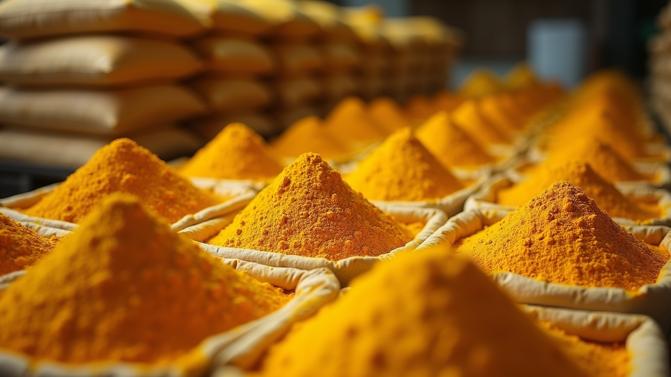 Eye-level view of stacked turmeric powder bags ready for shipment