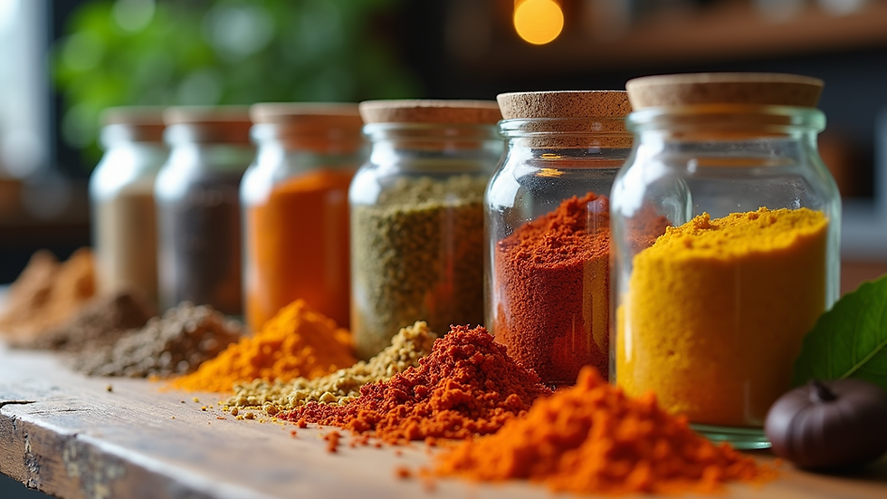 Close-up view of a variety of colorful spices in jars