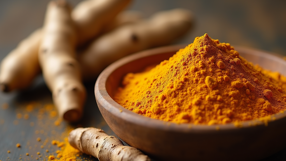 Eye-level view of turmeric powder in a wooden bowl with fresh turmeric roots