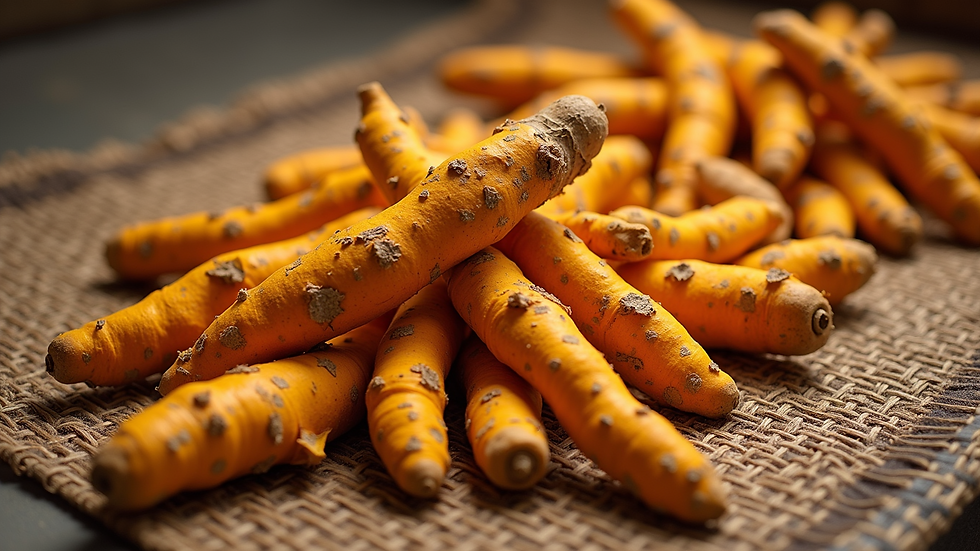 High angle view of turmeric rhizomes drying on a traditional mat