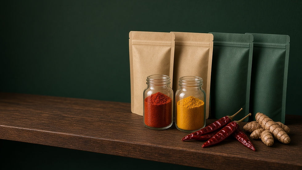 Sealed unbranded kraft and green sample pouches with jars of chilli and turmeric powder kept as retained lot samples for retesting