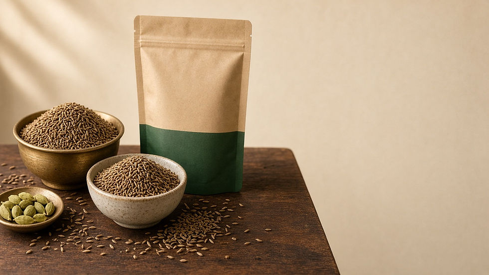 Brass and ceramic bowls of whole cumin seeds beside an unbranded kraft and green pouch on dark walnut wood