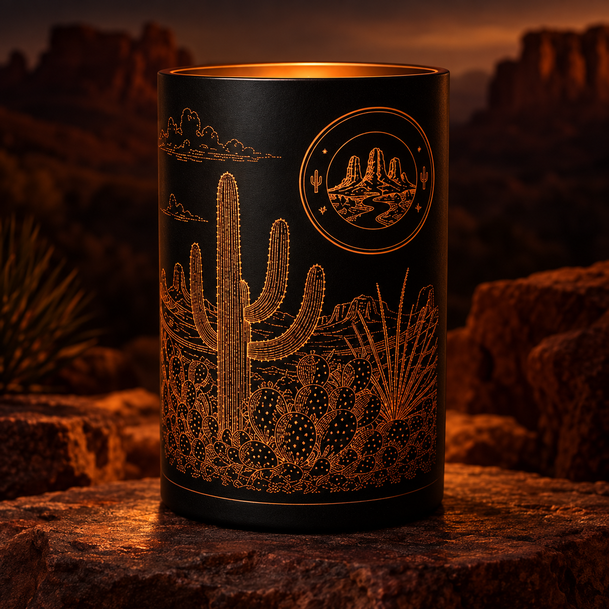 Sedona desert engraved 14 oz wickless glow candle with warm amber light