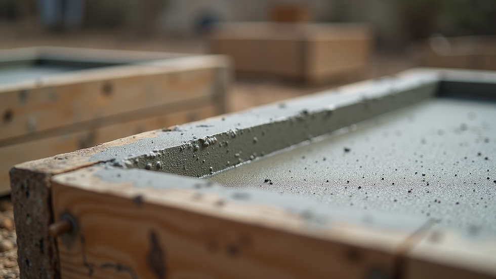 Close-up view of freshly poured concrete in wooden forms