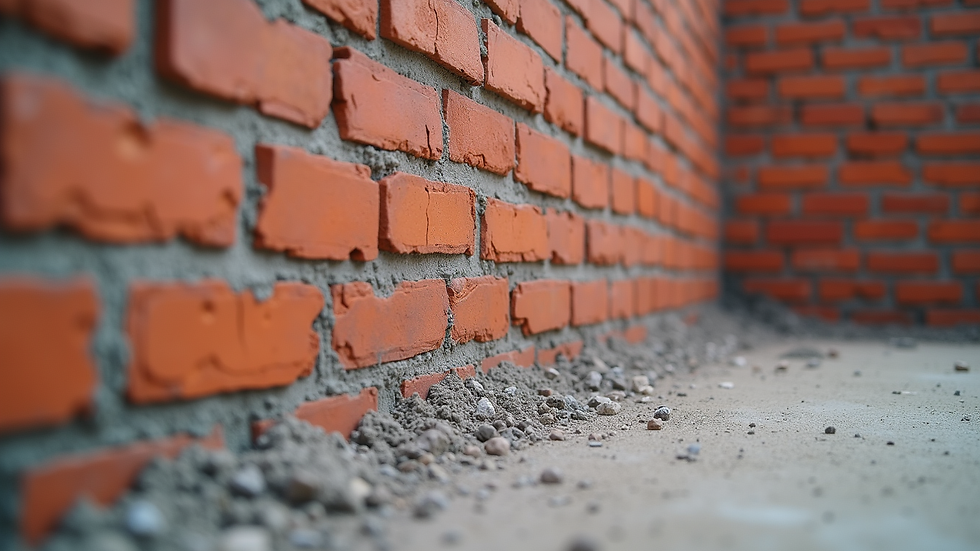Eye-level view of a brick wall under construction with mortar joints