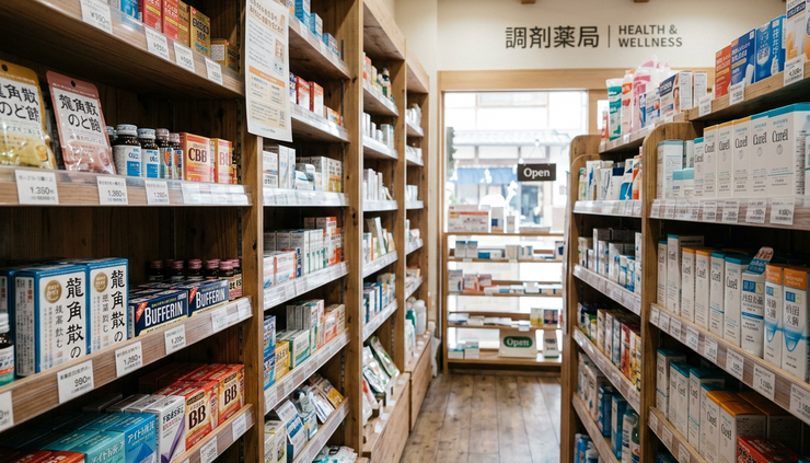 Wide-angle view of a calm pharmacy aisle with health products neatly arranged.