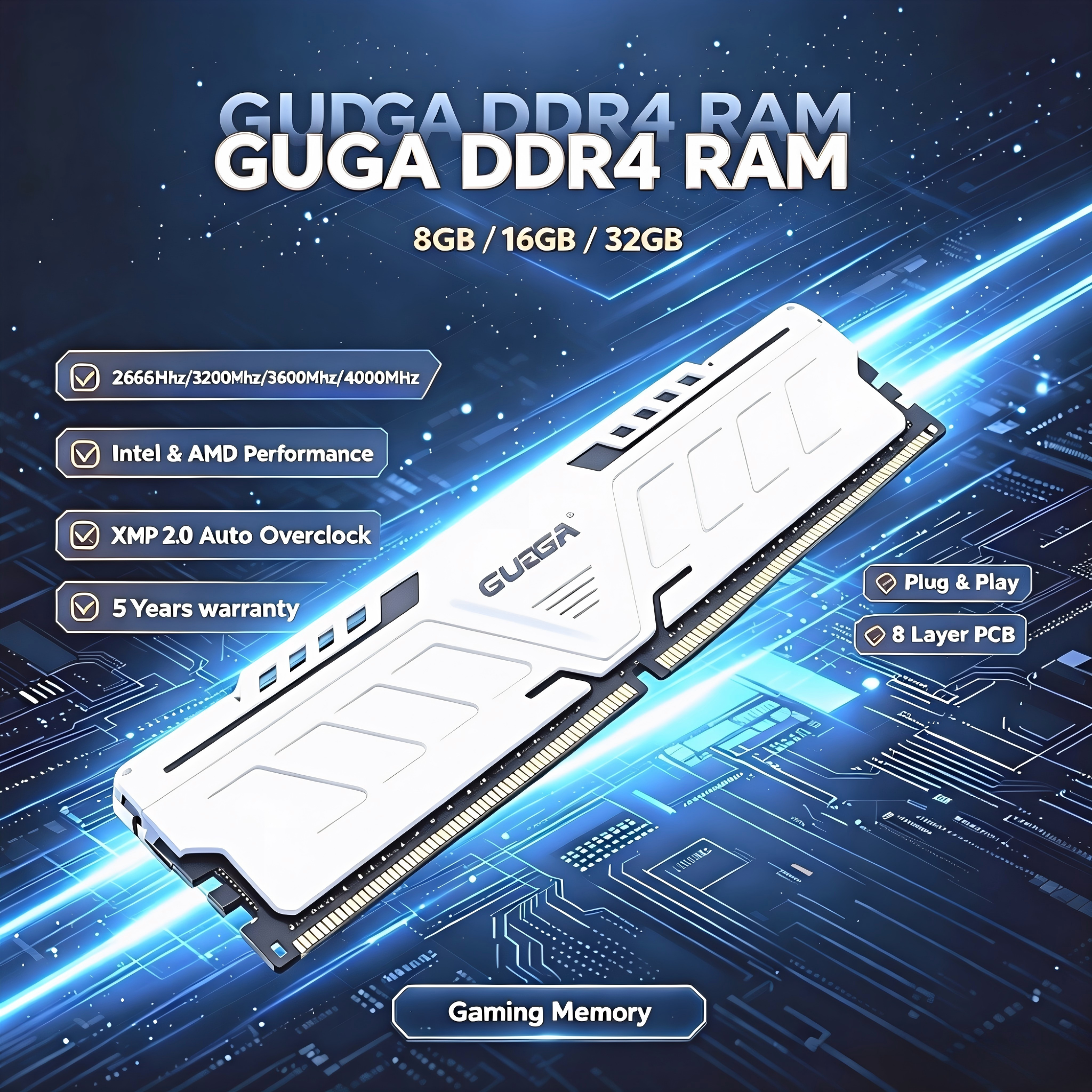 GUDGA DDR4 Ram 3200MHz/3600MHz/2666MHz 8GB/16GB/32GB 288-Pin DIMM Desktop Mem