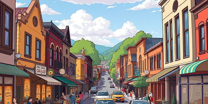 Broad view of a small town main street with lots of shops, restaurants, and other business