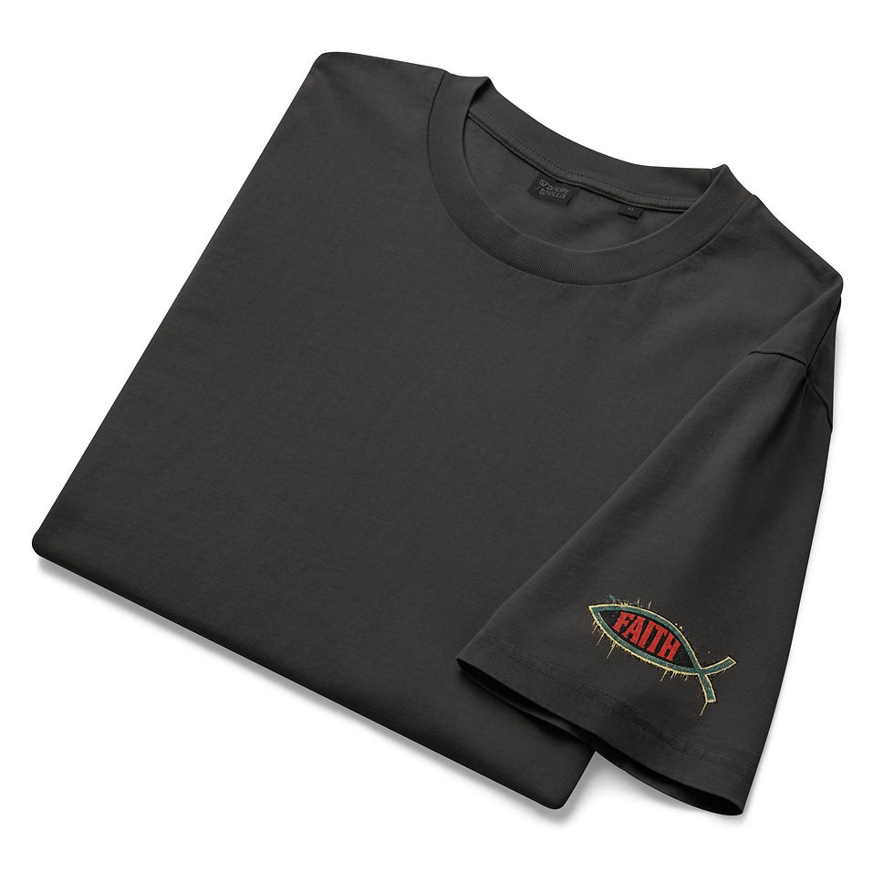 Thumbnail: Faith Ichthys Fish Tee | Grungy Sleeve Design, Organic Cotton, Unisex Dyed Tee