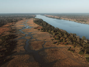 Aerial view of a river winding through a vast landscape, with dry, patterned terrain on the left and lush trees bordering the water. Quiet mood.