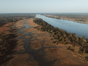 Aerial view of a river winding through a vast landscape, with dry, patterned terrain on the left and lush trees bordering the water. Quiet mood.