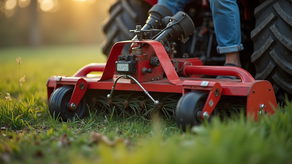 Close-up view of tiller brush cutter attachment connected to a brush cutter