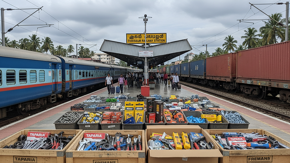 Eye-level view of Thrissur Railway Station platform with trains